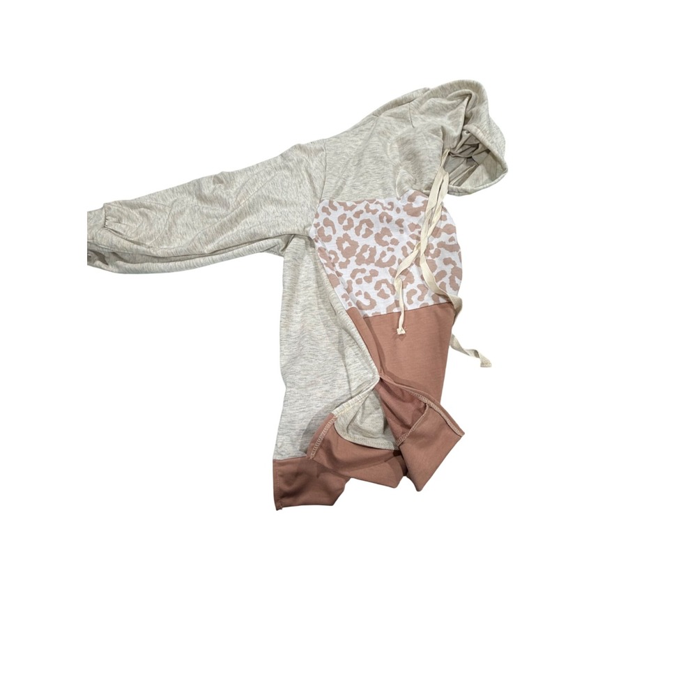 Bibi Colorblock Leopard Print Hoodie‎ Gray Pink Beige Long Sleeve Drawstring - Picture 6 of 6